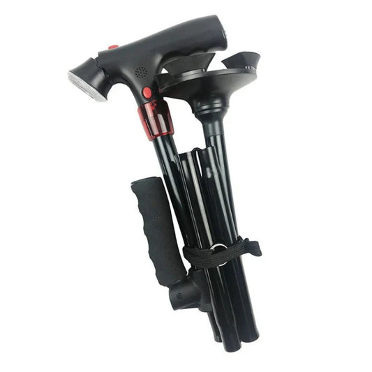 Stödkäpp med Dubbelhandtag – Hopfällbar, Stabil & Med LED & SOS-larm