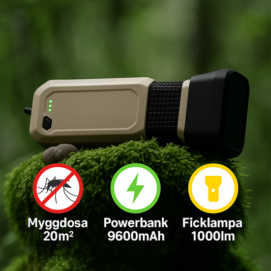 3-in-1 Myggdosa, 9600 mAh Powerbank & Ficklampa